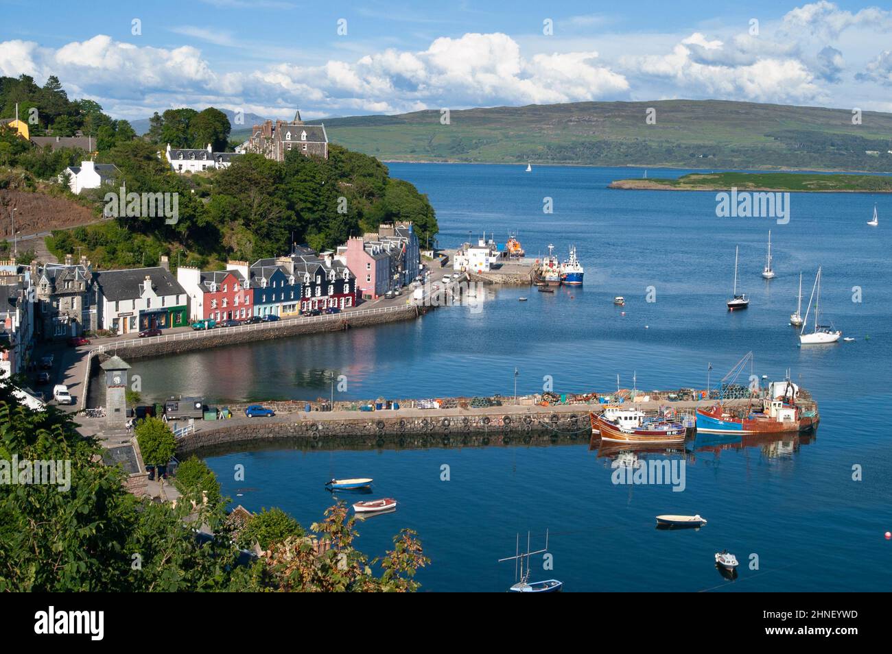 High aspect view of the fishing town and tourist destination of Tobermory on the Isle of Mull, Argyll, Inner Hebrides, Scotland, UK Stock Photo