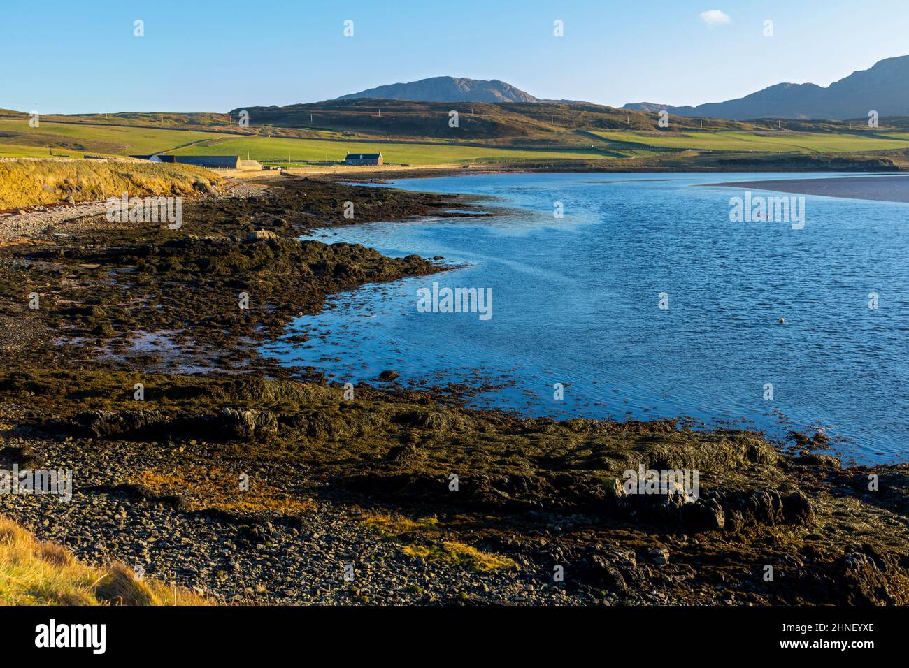 Beinn Ceannabeinne from the jetty at Keoldale, on the Kyle of Durness, Sutherland, Scotland, UK. Stock Photo