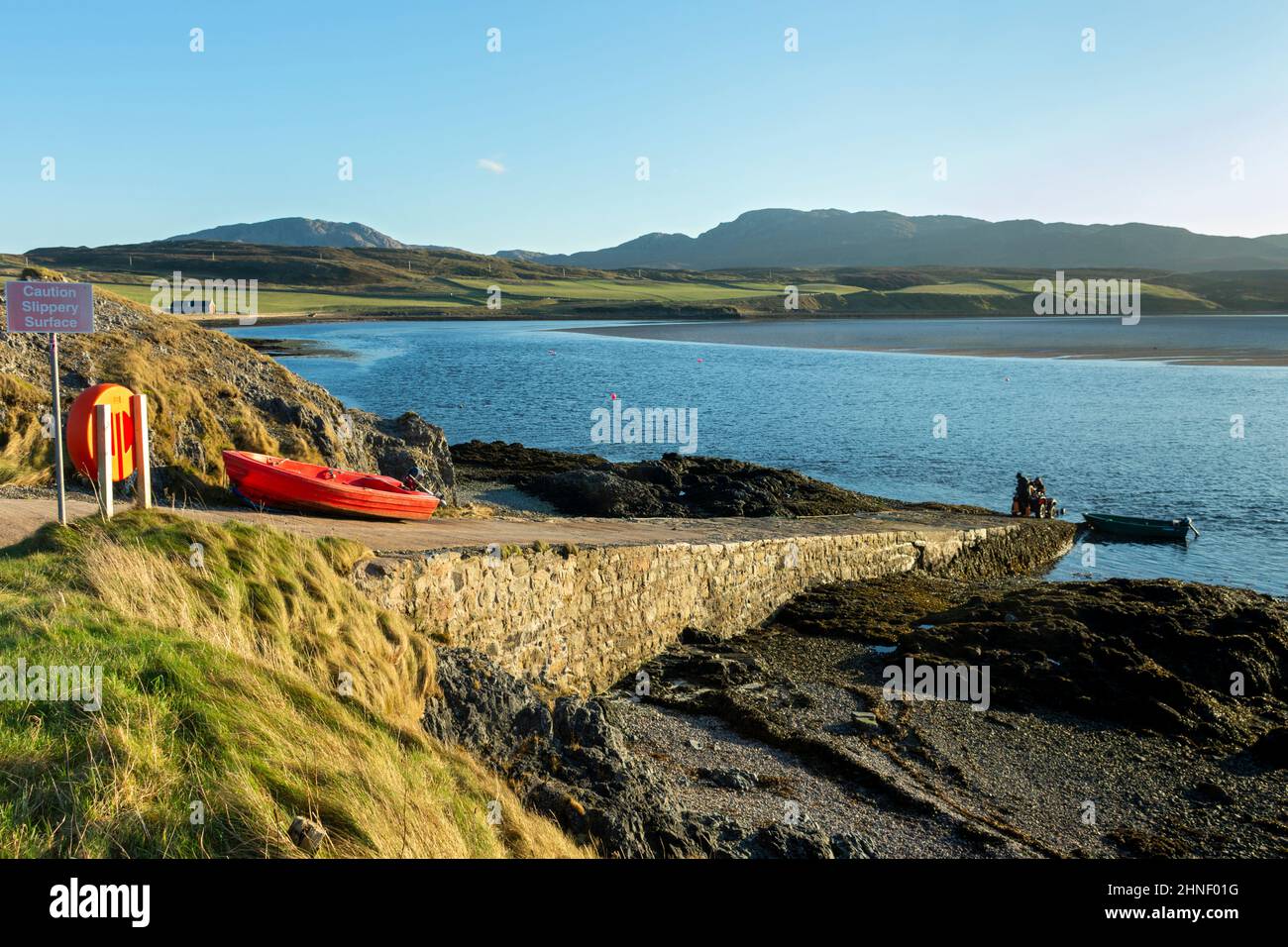 Beinn Ceannabeinne and Meall Meadhonach from the jetty at Keoldale, on the Kyle of Durness, Sutherland, Scotland, UK. Stock Photo