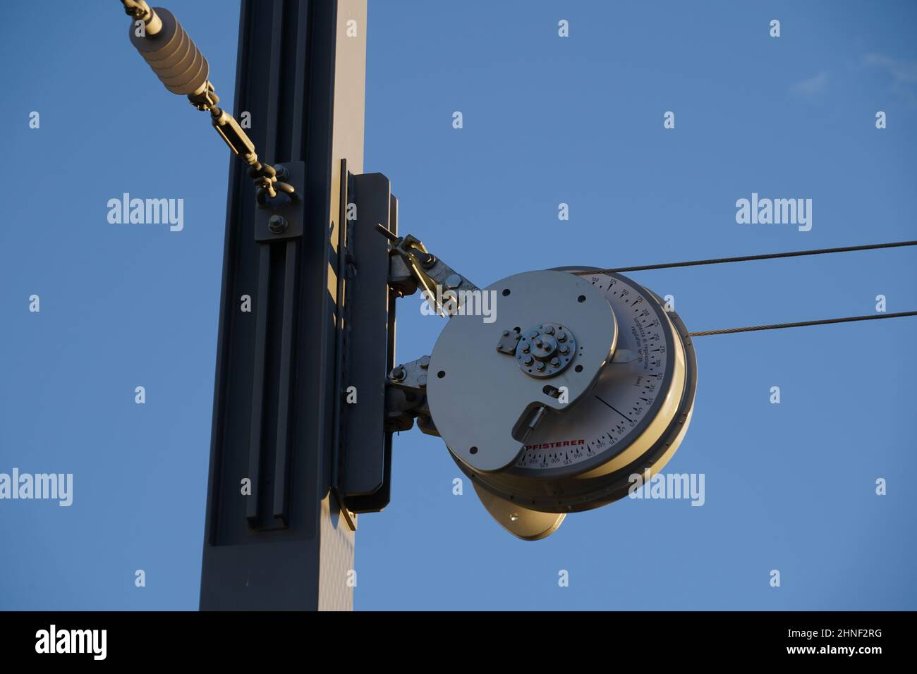 Close view on automatic tensioning system for rail and tramway which ...