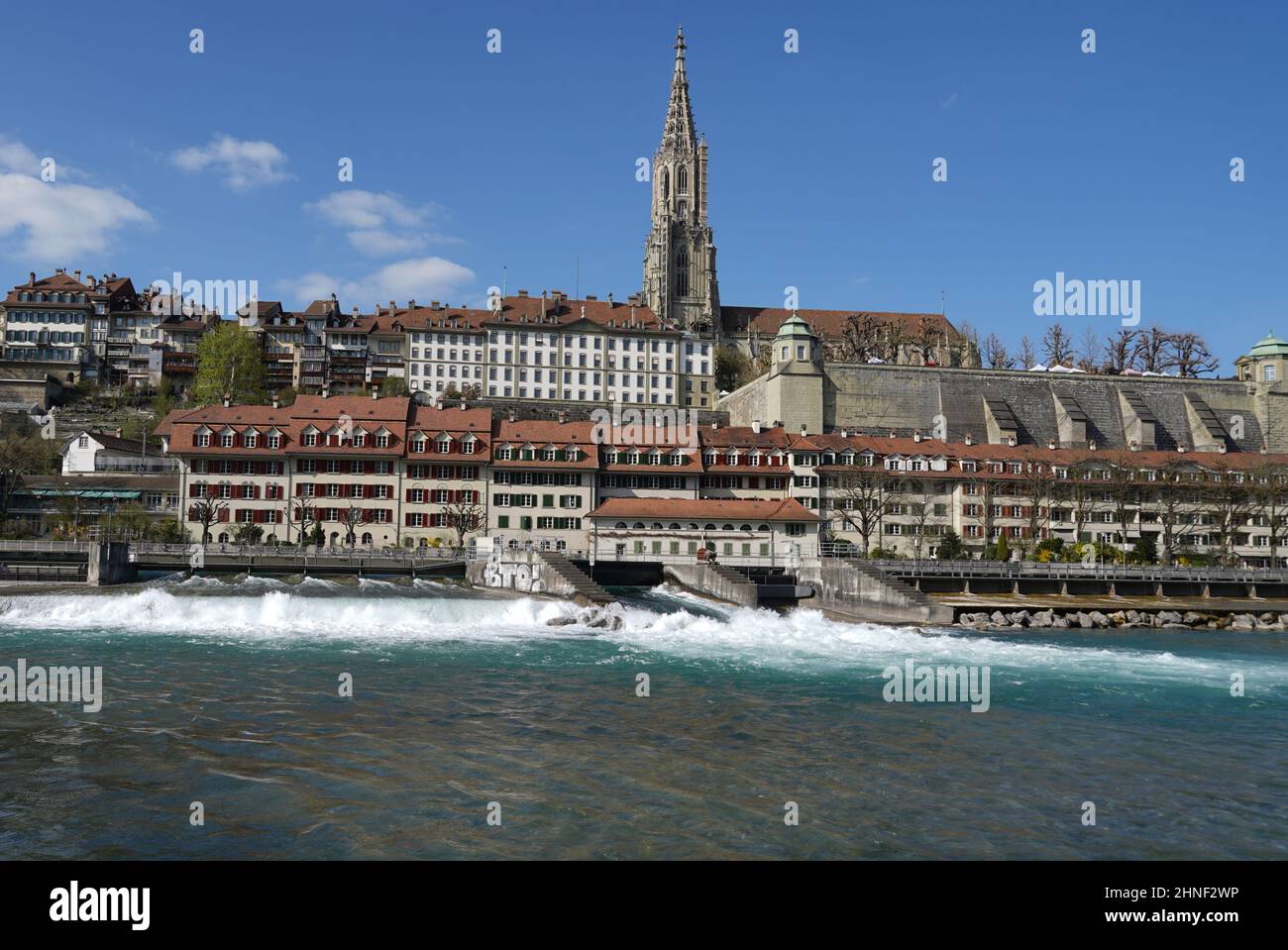 Historical architecture and city walls in Bern, Switzerland, along the Aare riverbank. Stock Photo