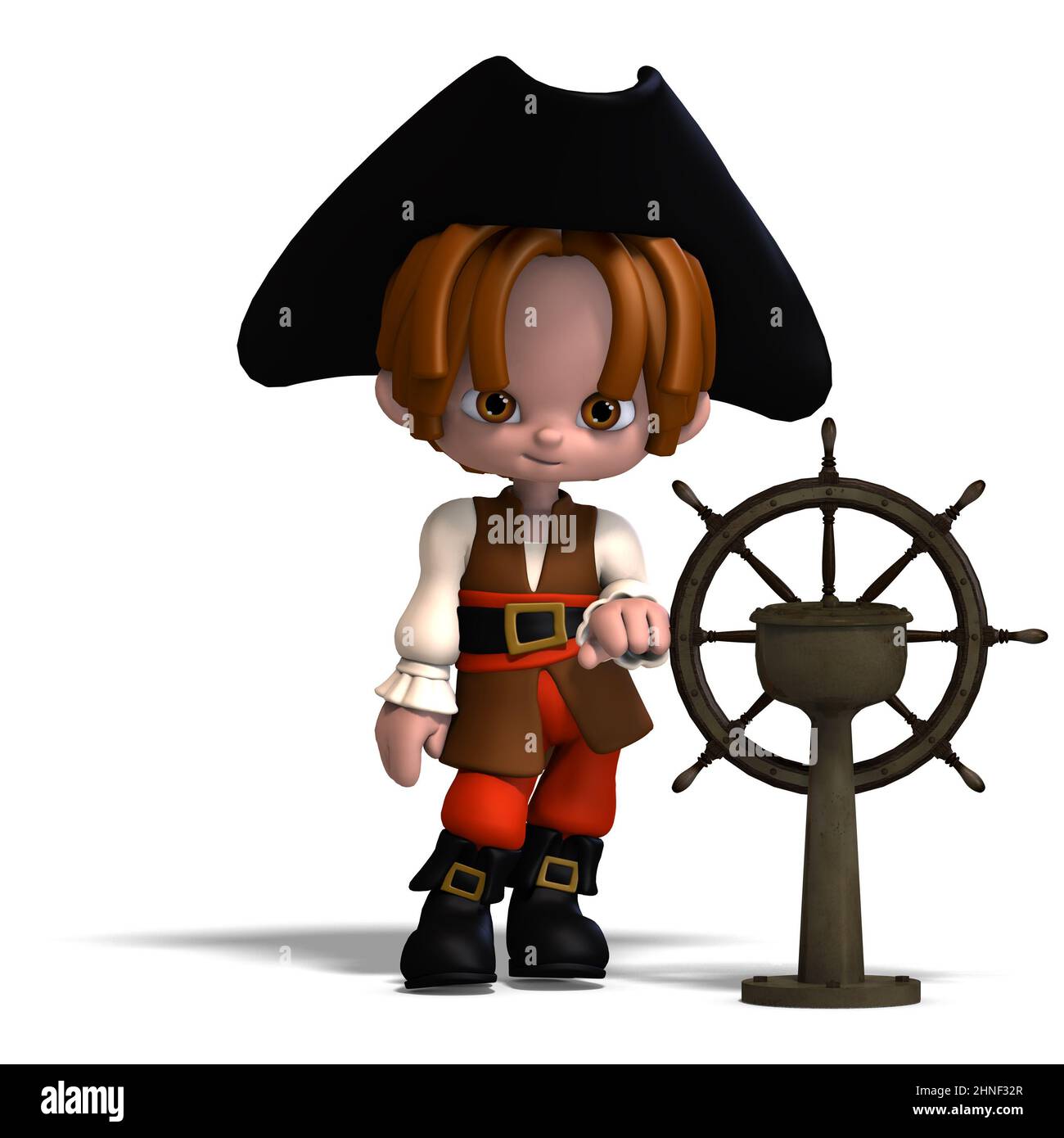 3D-illustration of a sweet and funny cartoon pirate kid with hat Stock Photo