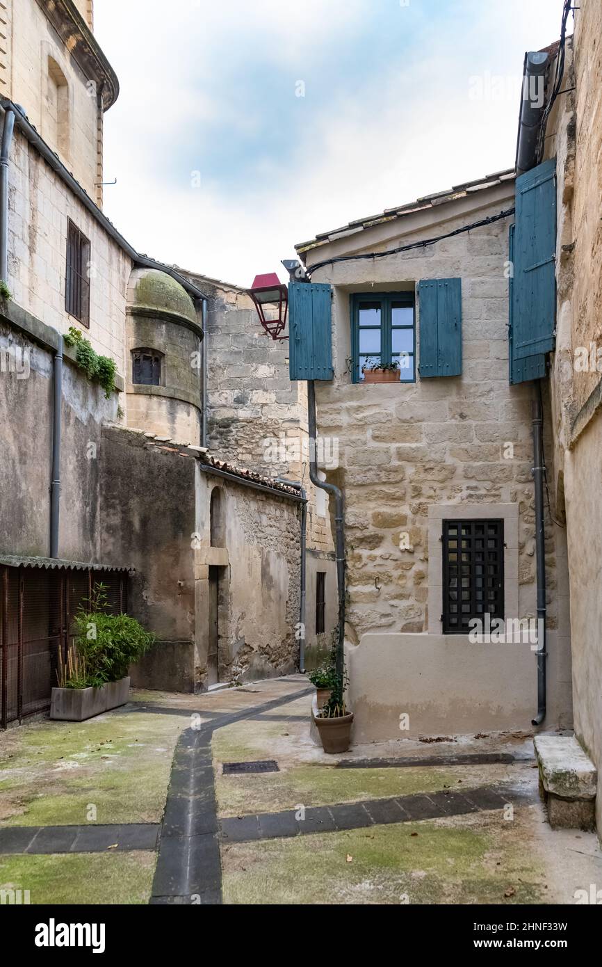 Sommieres, medieval village in France, view of typical street and houses Stock Photo