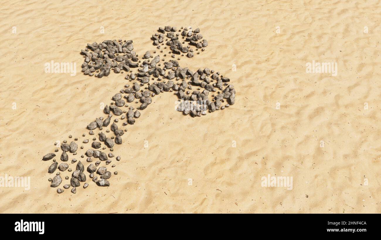 Concept conceptual stones on beach sand handmade symbol shape, golden sandy background, christian cross. A 3d illustration metaphor for God, Christ Stock Photo