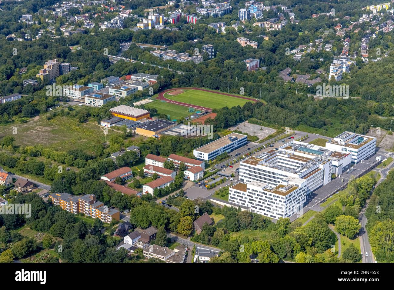 Aerial view, health campus and hsg Bochum - college of health with sports field at the Ruhr University Bochum in the district Querenburg in Bochum, Ru Stock Photo