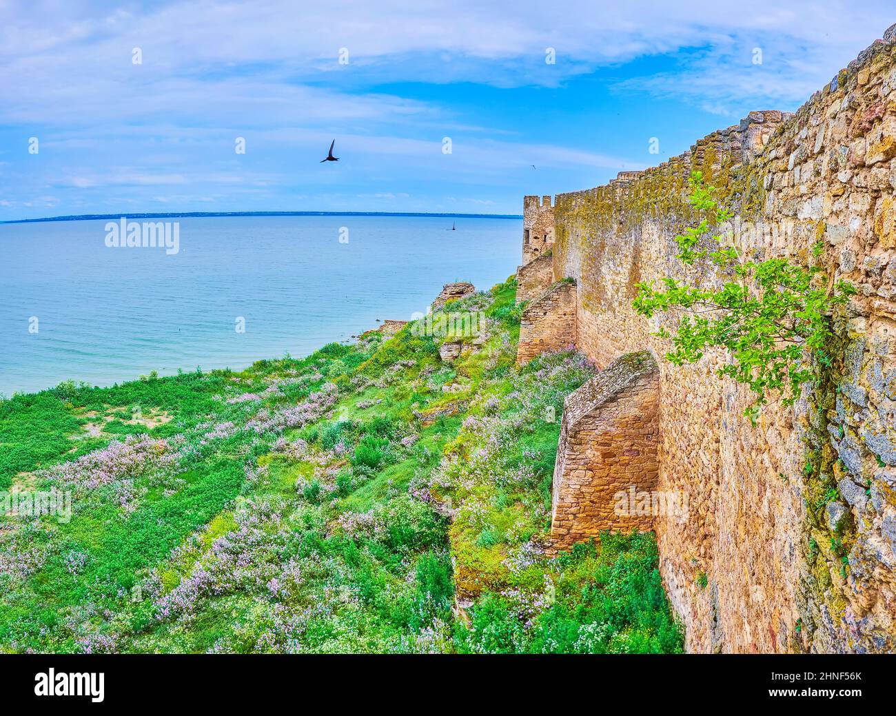 Dniester River Estuary and the ruins of the Akkerman Fortress outer wall on the bank, Bilhorod-Dnistrovskyi, Ukraine Stock Photo