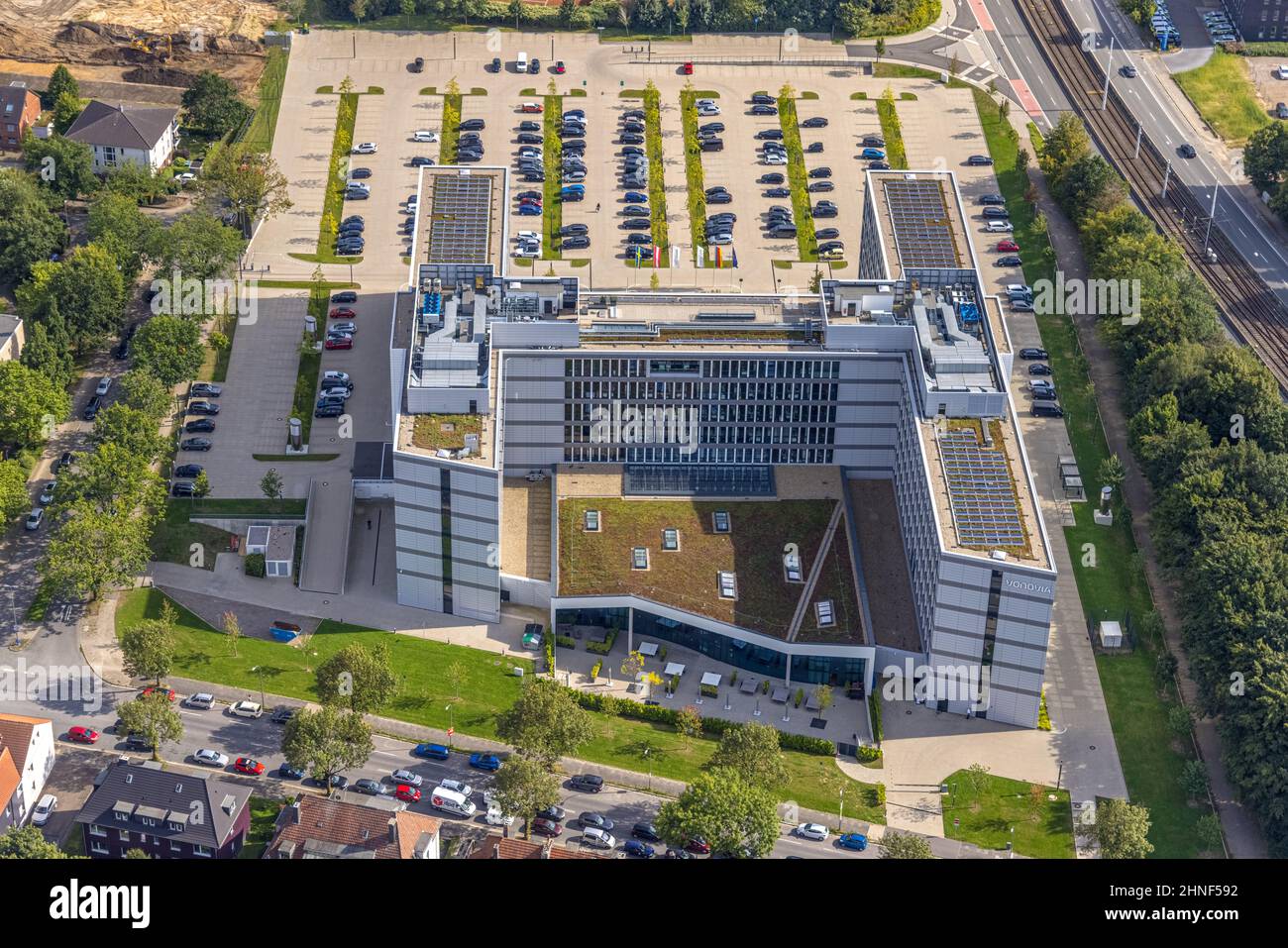 Aerial view, office building and commercial building Vonovia headquarters on Universitätsstraße in the district of Wiemelhausen in Bochum, Ruhr area, Stock Photo