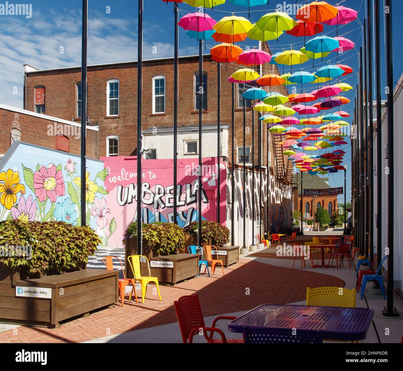 Umbrella Alley. A colorful artistic display of umbrellas hanging. Louisville, Ohio, USA. Stock Photo