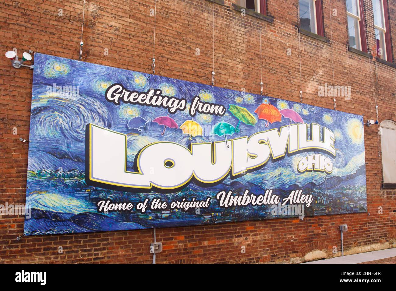 Umbrella Alley. A colorful artistic display of umbrellas hanging. Louisville, Ohio, USA Stock