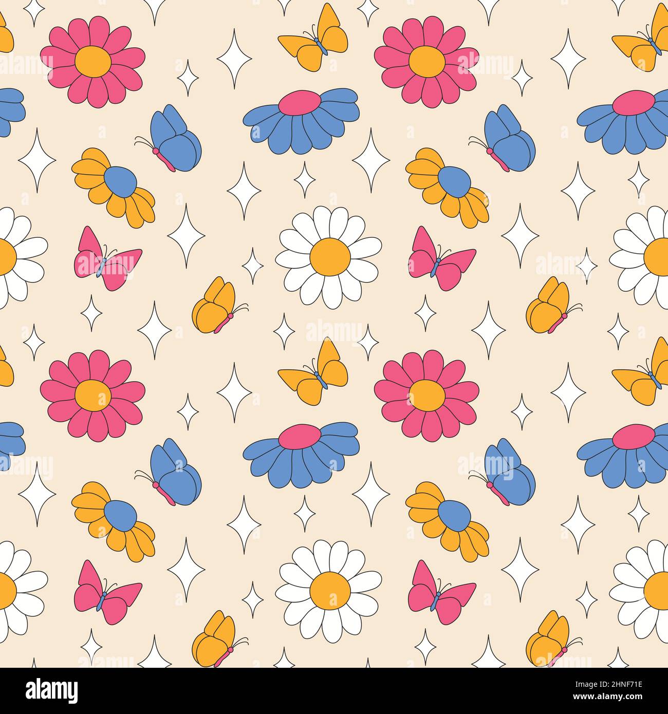 Seamless pattern with daisies with butterflies and sparkles.  Stock Vector