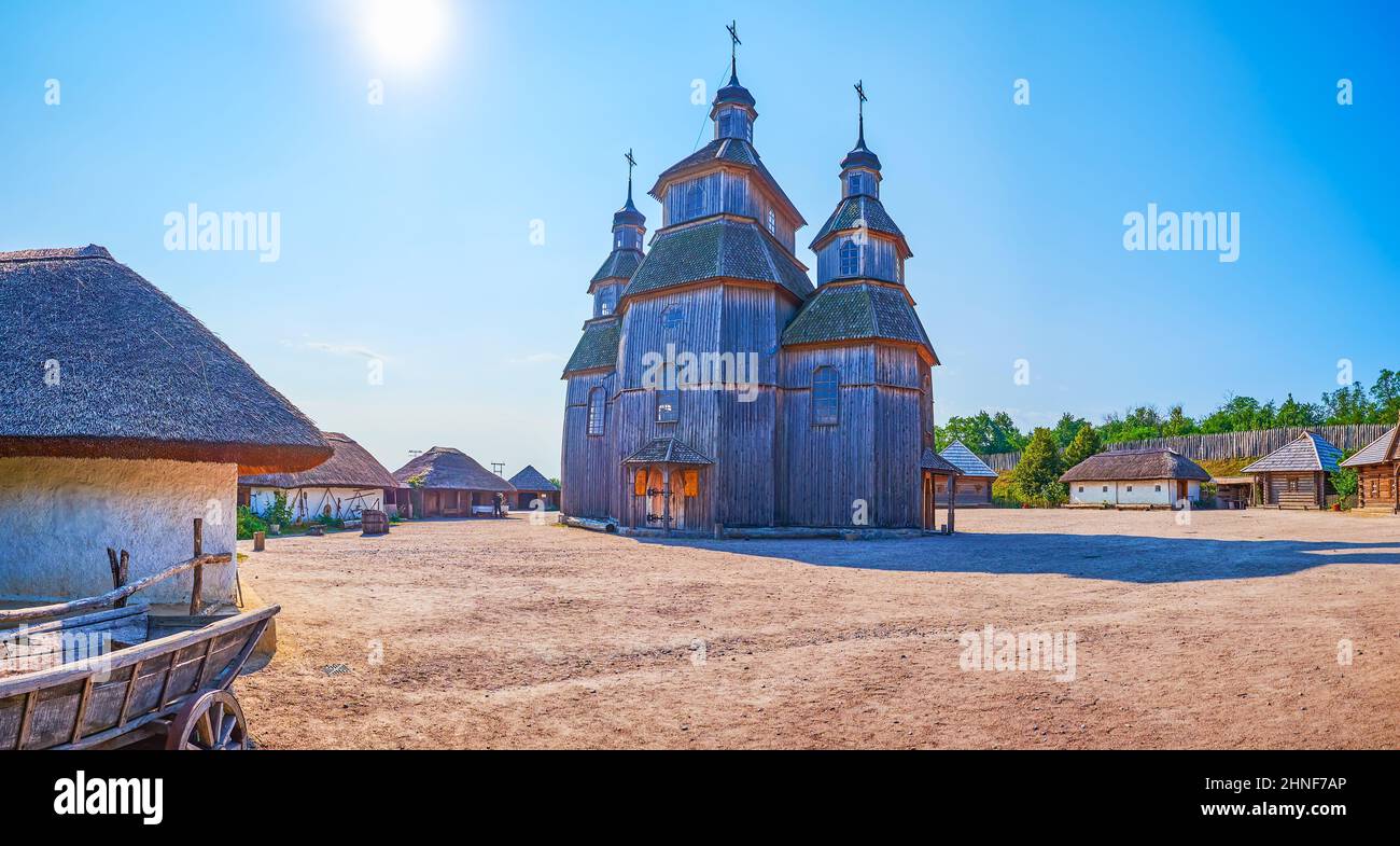 Panorama of Zaporizhian Sich scansen on Khortytsia Island, Zaporizhzhia, Ukraine Stock Photo