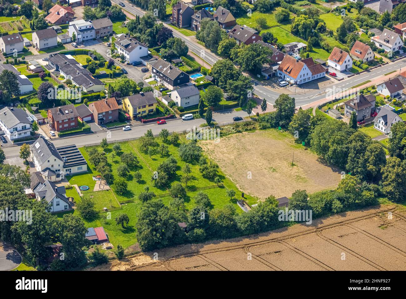 Aerial photograph, brownfield site at Bönener Straße 3 in Nordbögge, Bönen, Ruhr area, North Rhine-Westphalia, Germany, brownfield site, DE, Europe, a Stock Photo