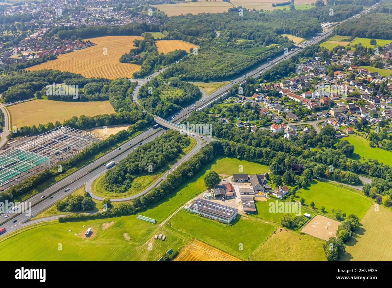 Aerial view, local view Nordbögge at the motorway A2 in Bönen, Ruhr area, North Rhine-Westphalia, Germany, Bönen, DE, Europe, property tax, real estat Stock Photo