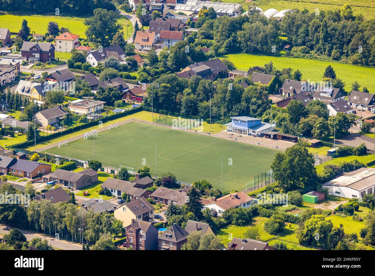 Aerial view, sports field in Nordbögge, Bönen, Ruhr area, North Rhine-Westphalia, Germany, DE, Europe, football field, football stadium, aerial photog Stock Photo