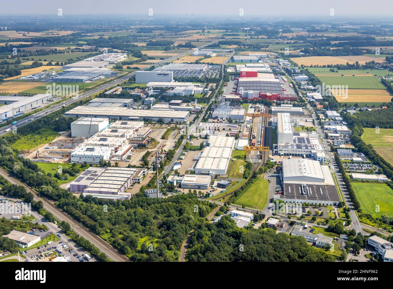 Aerial photograph, InlogParc industrial estate on the A2 motorway in Westerbönen, Bönen, Ruhr area, North Rhine-Westphalia, Germany, DE, Europe, comme Stock Photo