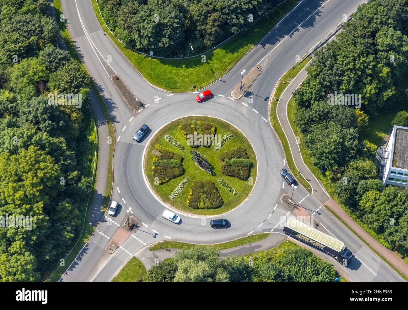 Aerial view, roundabout Rhynerner Straße at the industrial park InlogParc in Westerbönen, truck in the roundabout, Bönen, Ruhr area, North Rhine-Westp Stock Photo