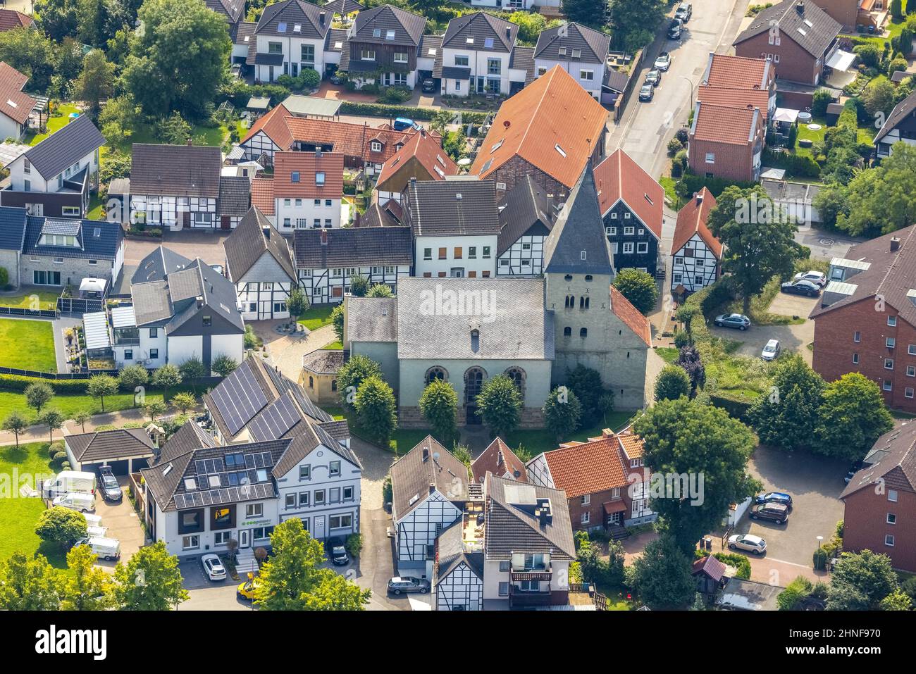 Aerial photograph, Evang. Old Church in Westerbönen, Bönen, Ruhr area, North Rhine-Westphalia, Germany, place of worship, DE, Europe, religious commun Stock Photo