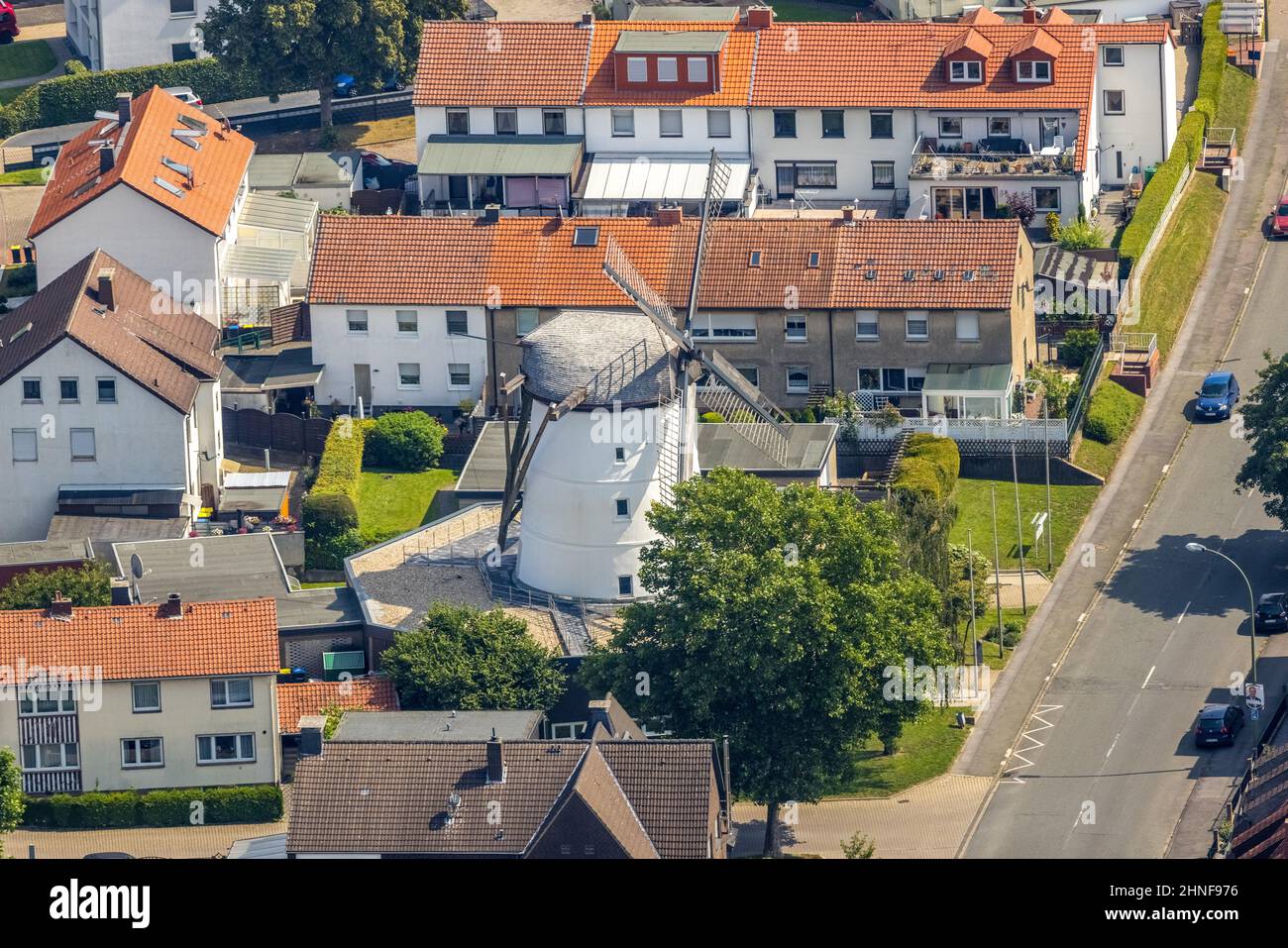 Aerial view, adult education centre in the monument Old Mill Bönen in Bönen, cultural centre Old Mill Bönen, Ruhr area, North Rhine-Westphalia, German Stock Photo