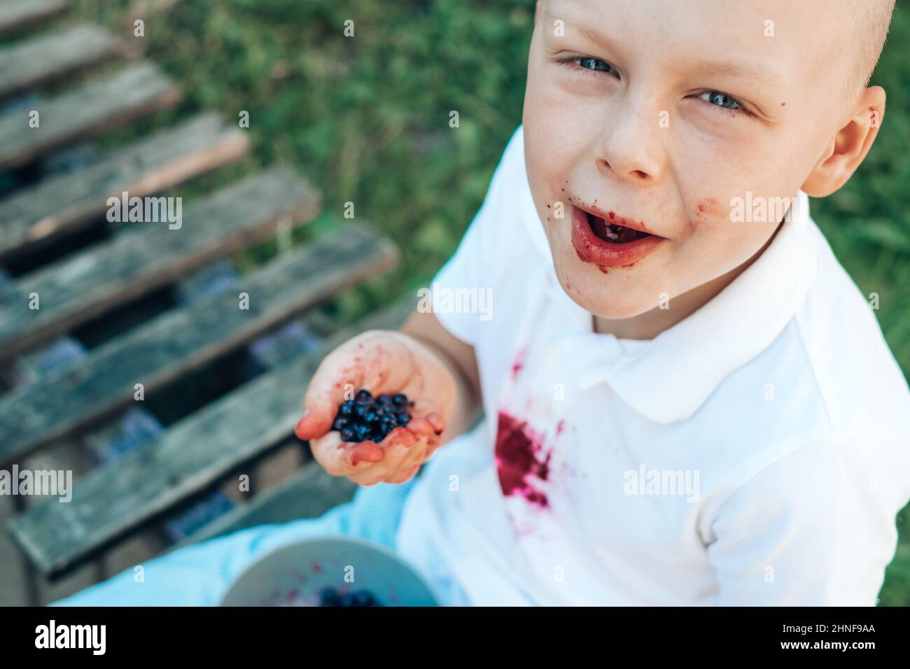 Cute boy eating fresh berries with his hands and sitting on a wooden bench. outdoors. Stain cleaning concept Stock Photo