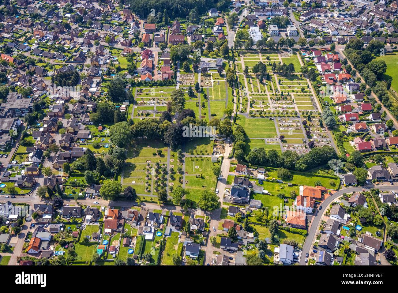 Aerial view, Altenbögge cemetery in Borgholz, Bönen, Ruhr area, North Rhine-Westphalia, Germany, burial place, DE, Europe, cemetery, memorial, graveya Stock Photo