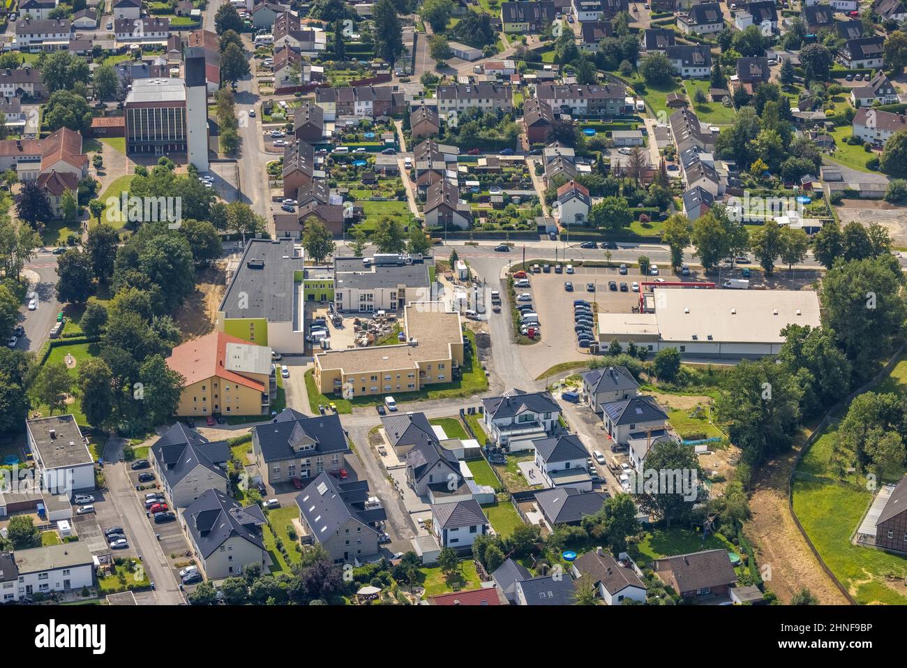 Aerial photograph, Alloheim Senioren-Residenz Bönen Königsborn and Penny Supermarket in Altenbögge, Bönen, Ruhr area, North Rhine-Westphalia, Germany, Stock Photo