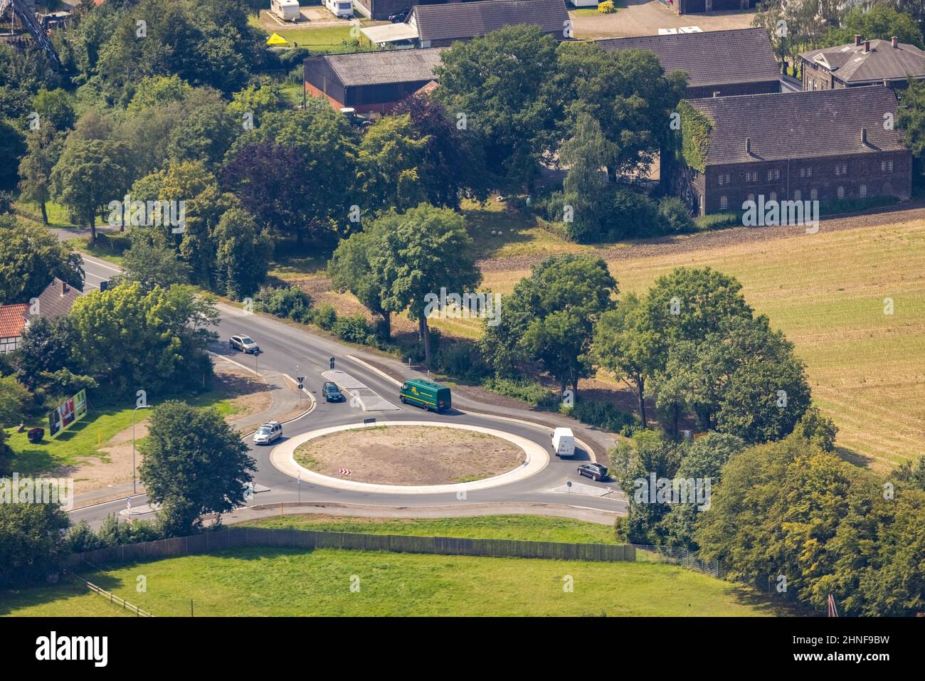 Aerial view, new construction roundabout Bahnhofstraße corner Hammer Straße in Altenbögge, Bönen, Ruhr area, North Rhine-Westphalia, Germany, Luftbild Stock Photo