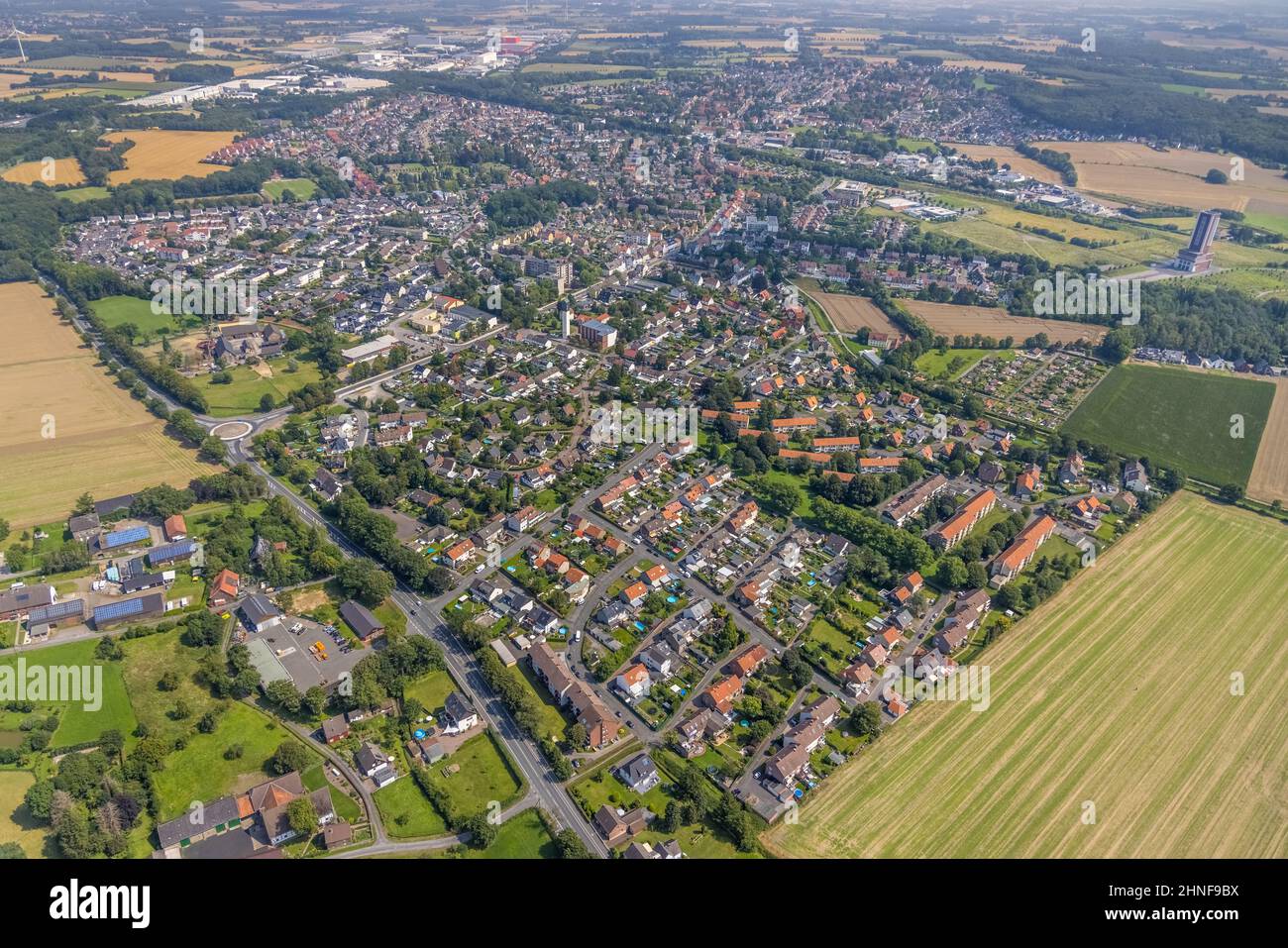 Aerial view, town view of Altenbögge with St.- Bonifatius church Bonifatius-Kirche, Alloheim Senioren-Residenz Bönen Königsborn und Bürgerstiftung För Stock Photo