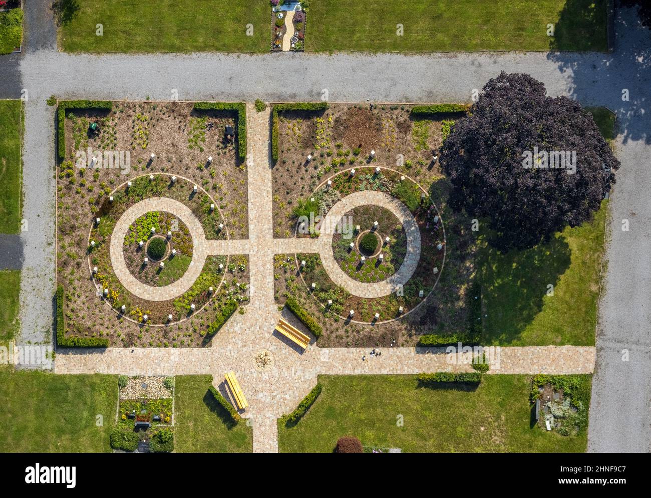 , Aerial view, Altenbögge cemetery with urn field in Borgholz, Bönen, Ruhr area, North Rhine-Westphalia, Germany, burial place, DE, Europe, cemetery, Stock Photo