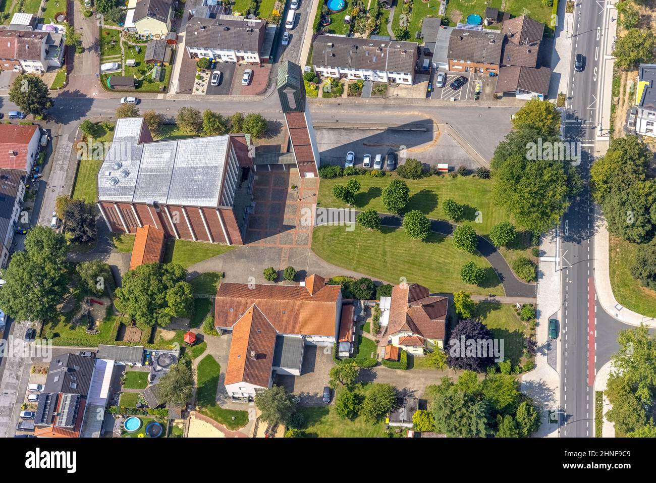 Aerial view, St. Boniface Church in Altenbögge, Bönen, Ruhr area, North Rhine-Westphalia, Germany, place of worship, DE, Europe, religious community, Stock Photo