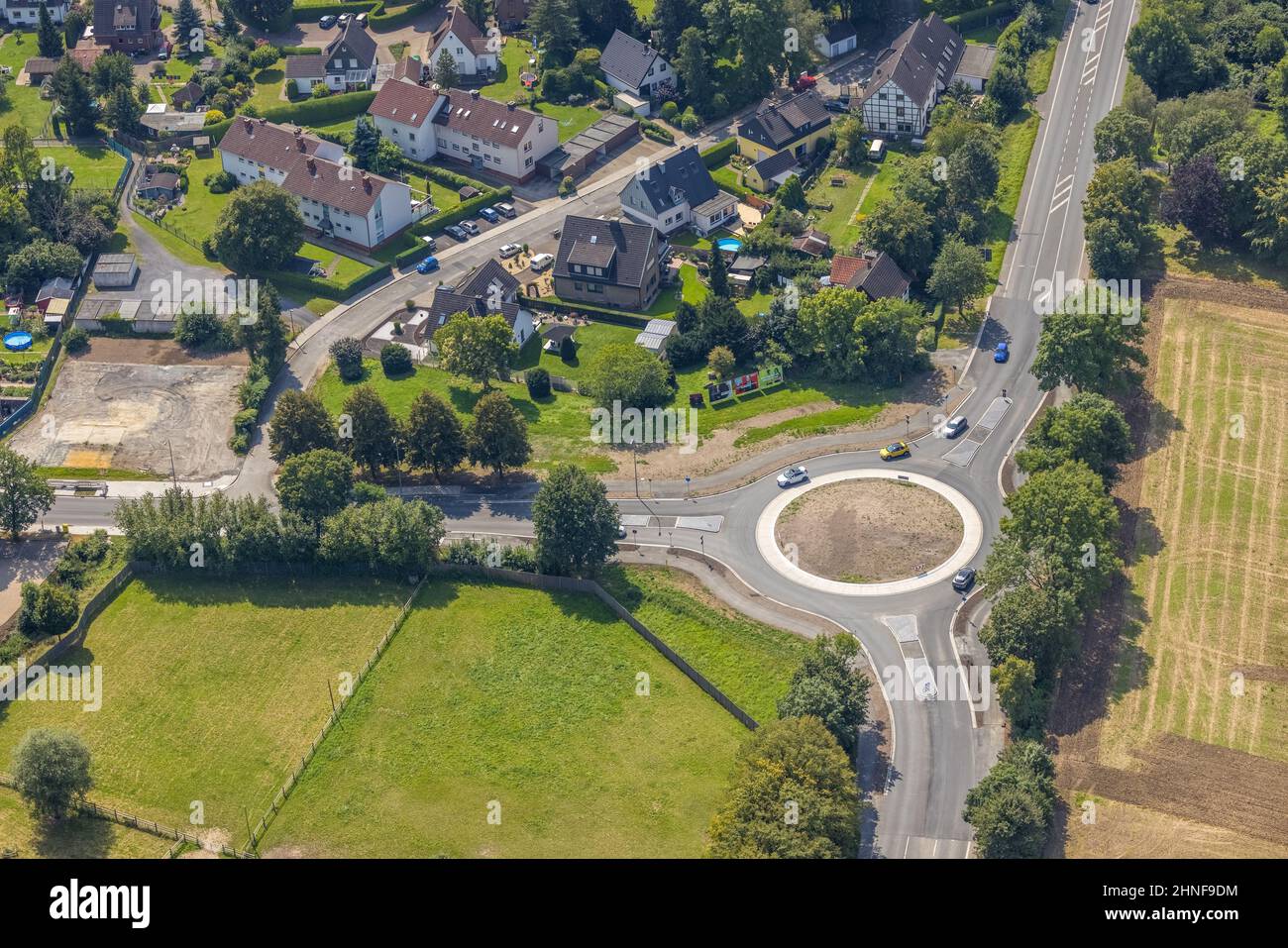 Aerial photograph, new construction roundabout Bahnhofstraße corner Hammer Straße in Altenbögge, Bönen, Ruhr area, North Rhine-Westphalia, Germany, co Stock Photo