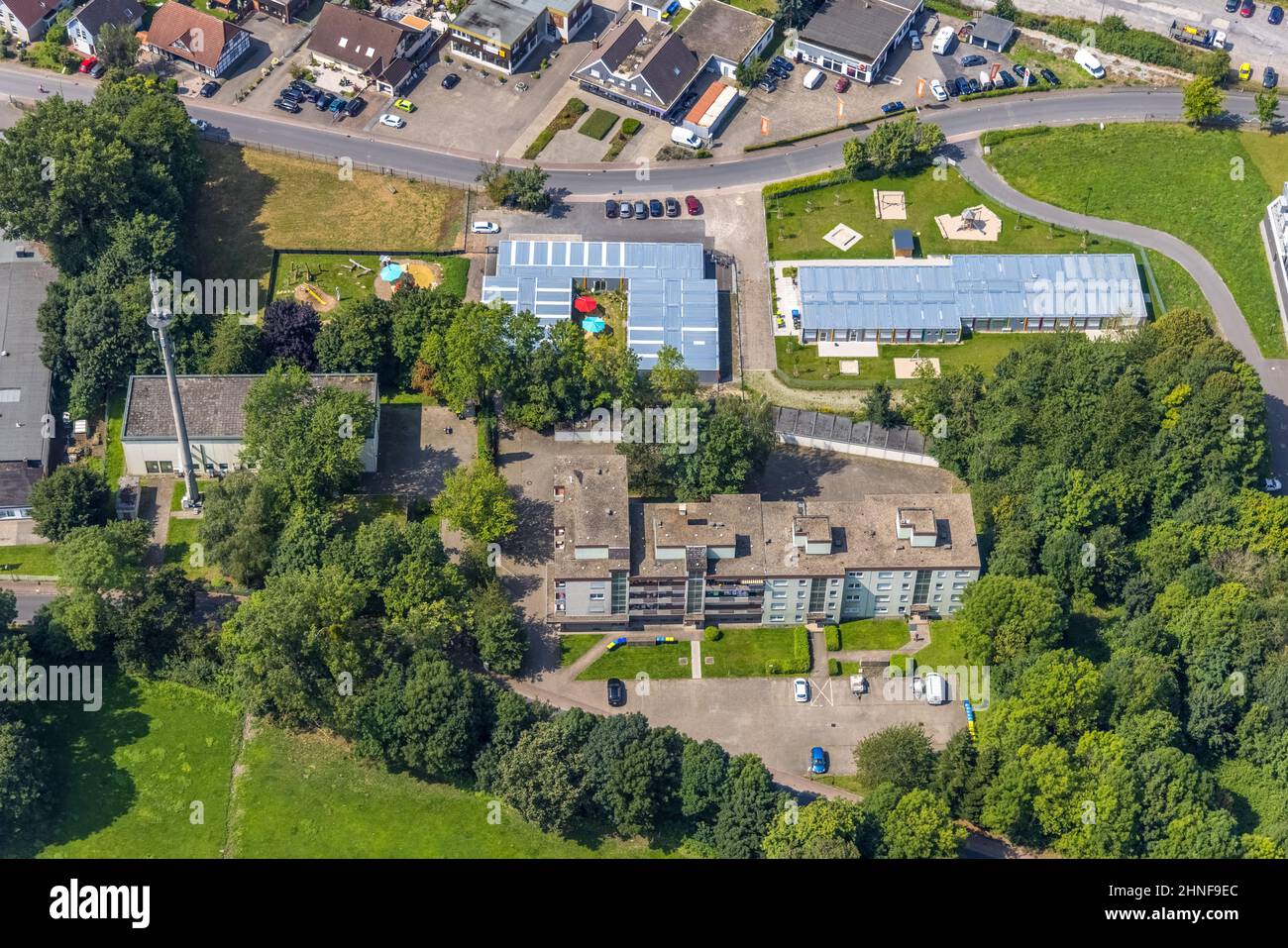Aerial view, temporary container kindergarten at the Poststraße in Borgholz, Bönen, Ruhr area, North Rhine-Westphalia, Germany, DE, Europe, kindergart Stock Photo