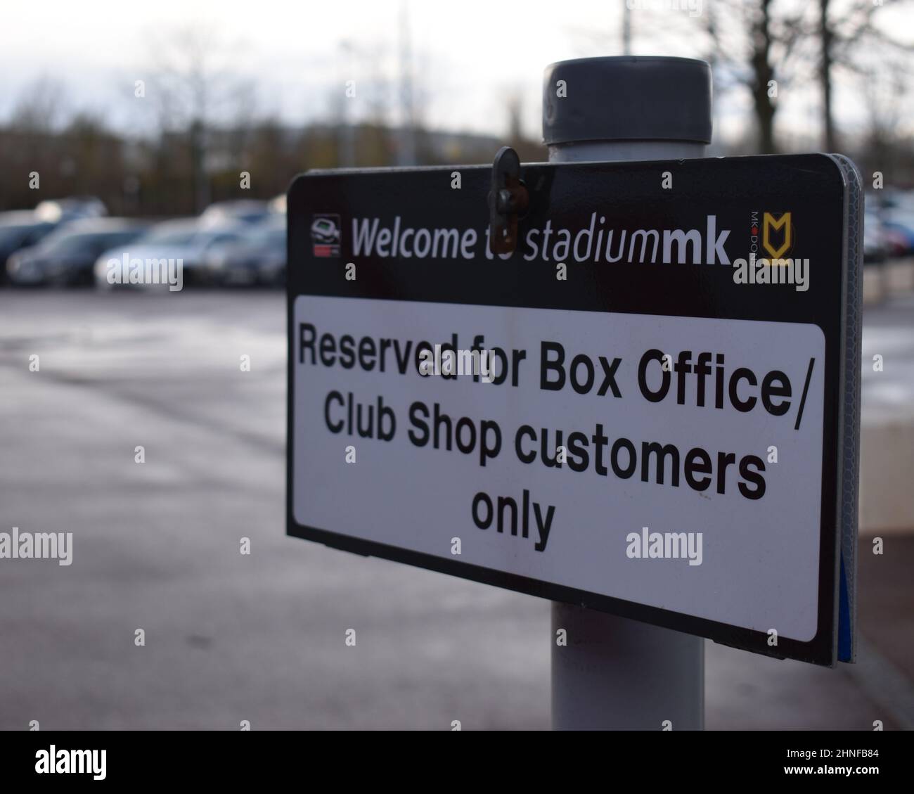 Notice at Stadium MK: 'Reserved for Box Office/Club Shop customers only'. Stock Photo