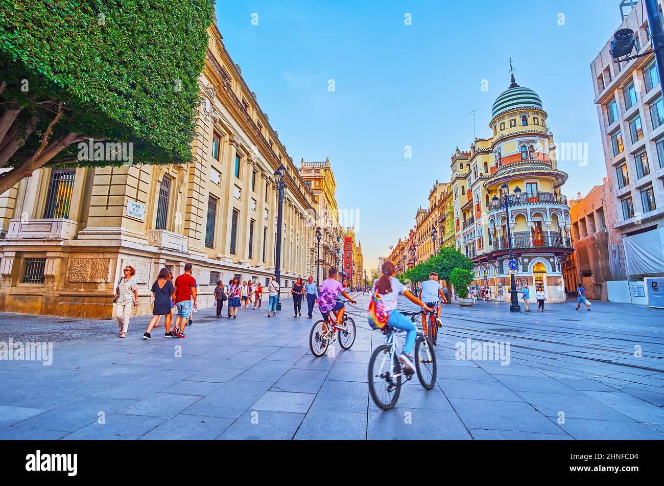 SEVILLE, SPAIN - SEPTEMBER 29, 2019: Walk the crowded Constitution ...
