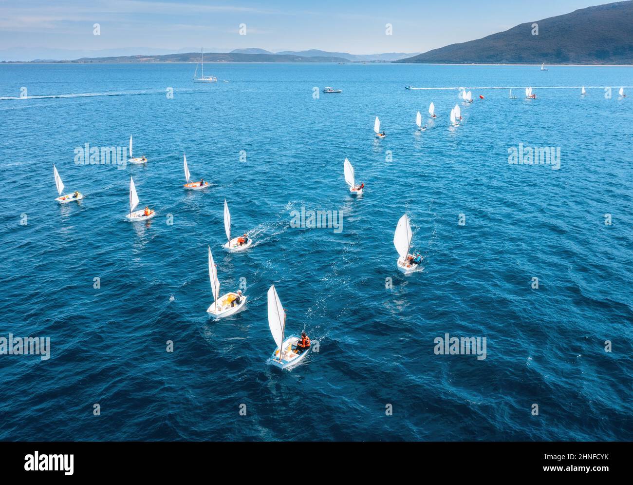 Aerial view of sailing competition. Top view of sail boats Stock Photo