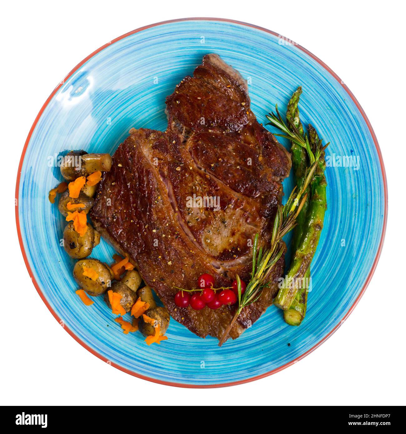 Image of beef entrecote with mushroom and asparagus Stock Photo Alamy