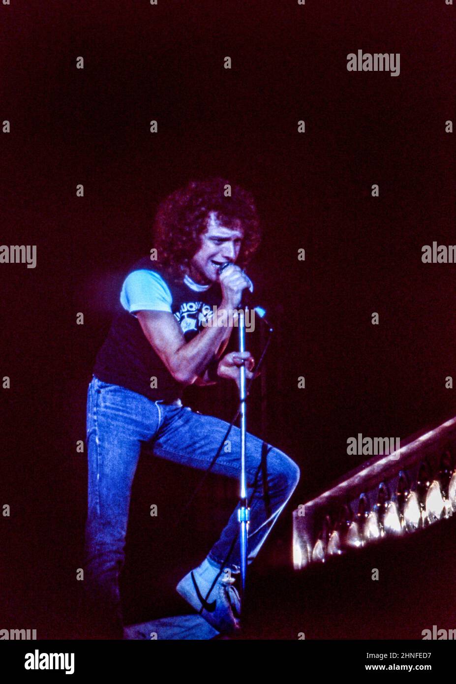 Singer Lou Gramm performing with of Anglo-American band Foreigner at Wembley Arena, London in 1982. Stock Photo
