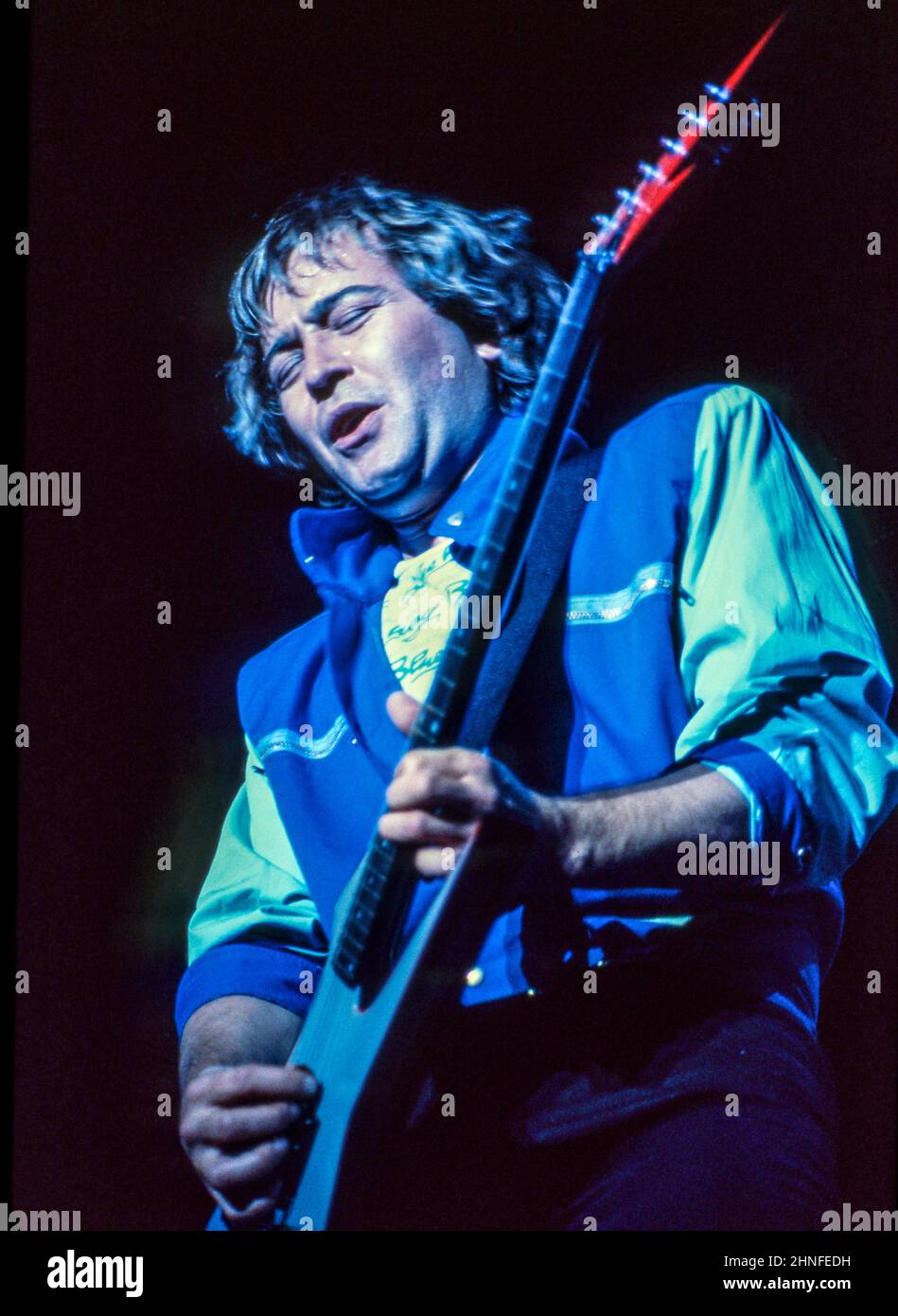 Guitarist Mick Jones of Anglo-American band Foreigner performing at Wembley Arena, London in 1982. Stock Photo
