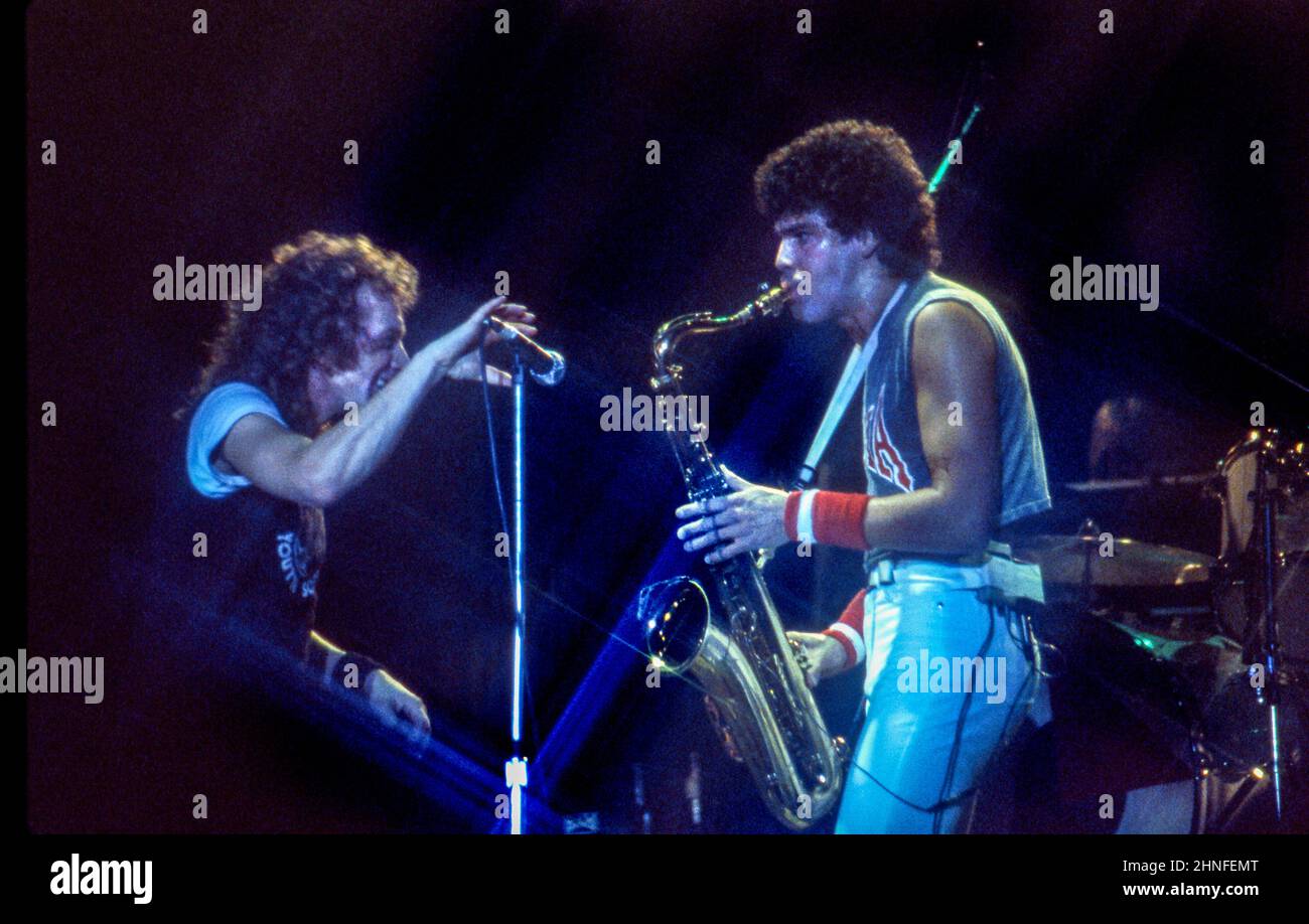 Singer Lou Gramm and saxophonist Mark Rivera performing with of Anglo-American band Foreigner at Wembley Arena, London in 1982. Stock Photo