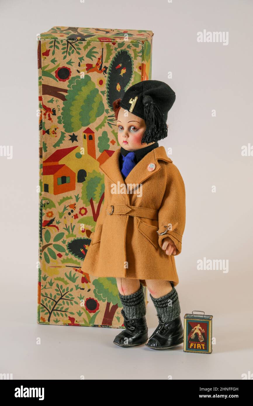 Felt character doll, Balilla, member of Italian Fascist Youth.1932-1939, Lenci Factory, Turin, Italy, Stock Photo