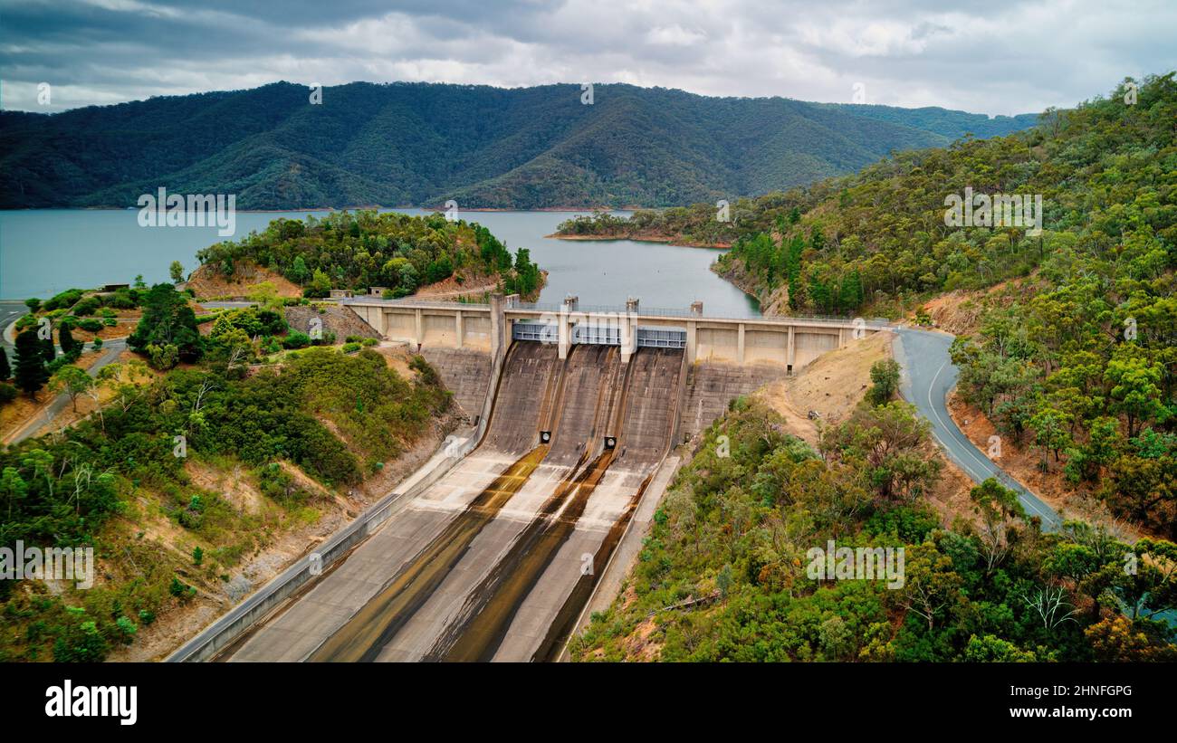 Aerial view of the Lake Eildon hydroelectric infrastructure dam and
