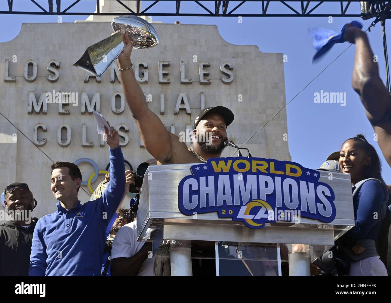Los Angeles, United States. 16th Feb, 2022. Los Angeles Rams defensive end Aaron Donald holds up the Championship trophy during a parade in front of the Los Angeles Coliseum in Los Angeles on Wednesday, February 16, 2022. Photo by Jim Ruymen/UPI Credit: UPI/Alamy Live News Stock Photo