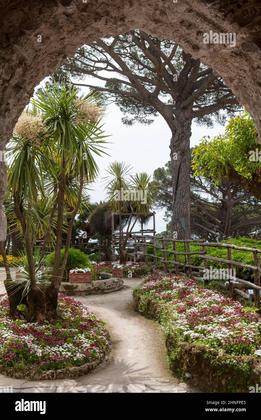Garden and pointed arch, flower beds, yucca palms, palm lilies, pine, umbrella stone pine (Pinus pinea), Villa Rufolo, Ravello, Salerno Province Stock Photo