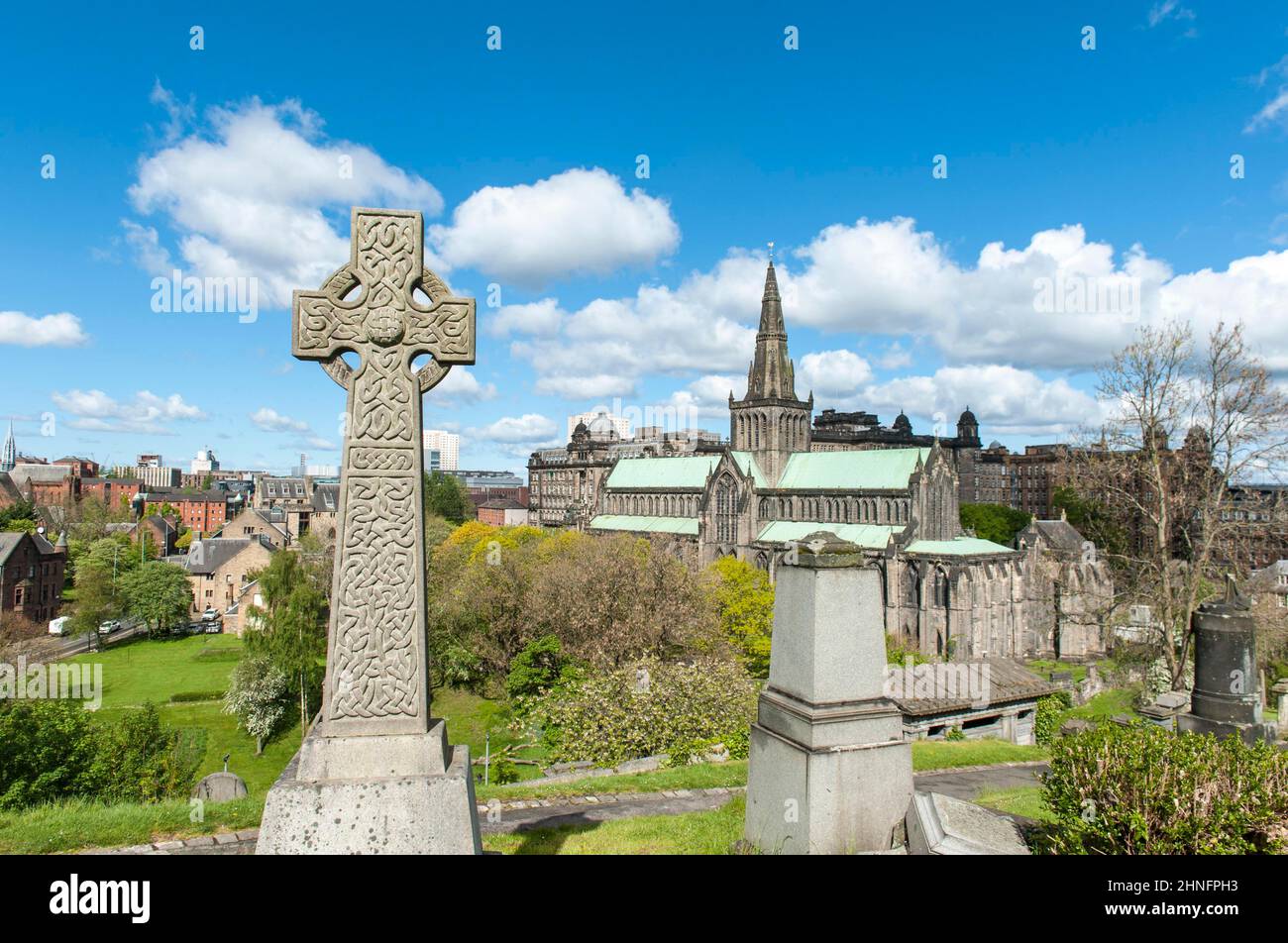 Ornamented Celtic High Cross, Cross, St Mungo's Cathedral, High Kirk of Glasgow, View from Necropolis, Necropolis, Glasgow, Scotland, United Kingdom Stock Photo