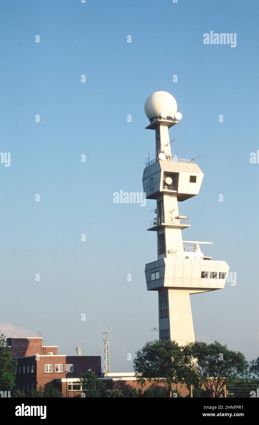 Radar tower, WSA Ems traffic control centre at Rysumer Nacken, Krummhoern, East Frisia, Germany Stock Photo