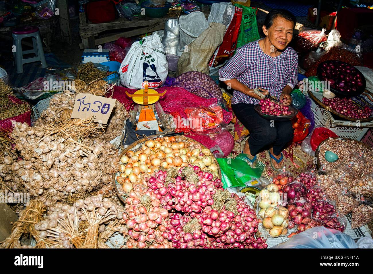 Woman selling onions and garlic at a market, Chiang Mai, Thailand Stock ...