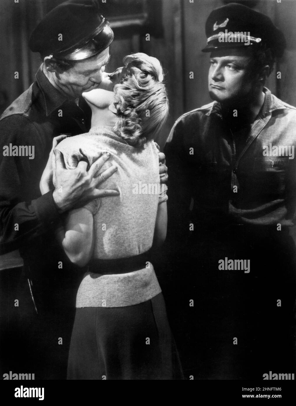 Robert Ryan, Jan Sterling, Brian Keith, on-set of the Film, 'Alaska Seas', Paramount Pictures, 1954 Stock Photo