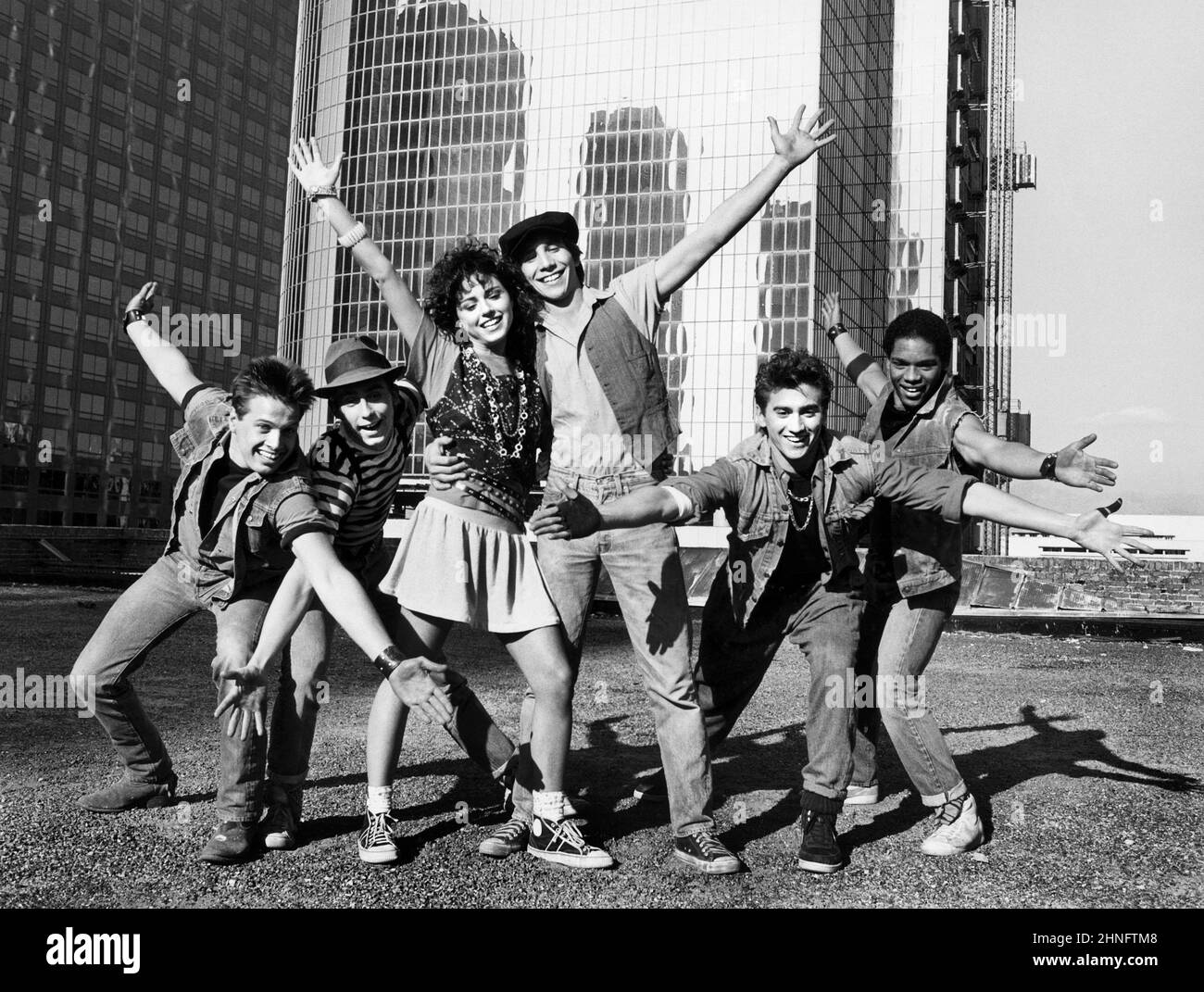 James LeGros, Wally Ward, Karen Petrasek, Rob Stone, Anthony Barrile Lance Slaughter, Publicity Portrait for the TV Movie, 'Ace Hits the Big Time', CBS-TV, 1985 Stock Photo