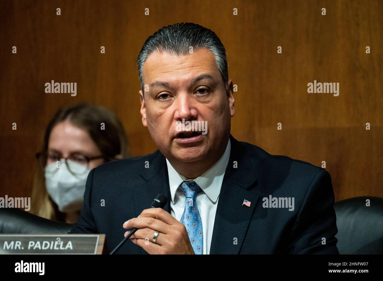 Washington, United States. 16th Feb, 2022. U.S. Senator Alex Padilla (D-CA)  speaks at a hearing of the Senate Judiciary Committee. Credit: SOPA Images  Limited/Alamy Live News Stock Photo - Alamy