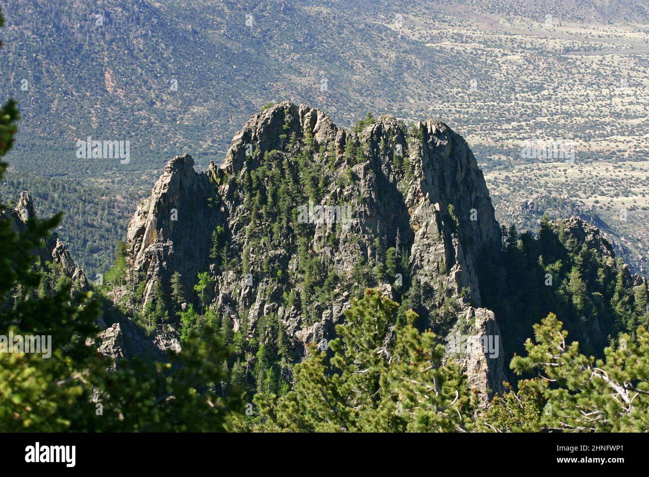 Aerial view of a jagged tree coered maountain in the foreground and arid mesa beyond Stock Photo