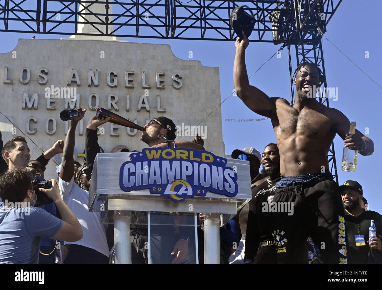 Los Angeles, United States. 16th Feb, 2022. Los Angeles Rams quarterback Matthew Stafford takes a drink as he celebrates with teammates during a parade in front of the Los Angeles Coliseum in Los Angeles on Wednesday, February 16, 2022. Photo by Jim Ruymen/UPI Credit: UPI/Alamy Live News Stock Photo
